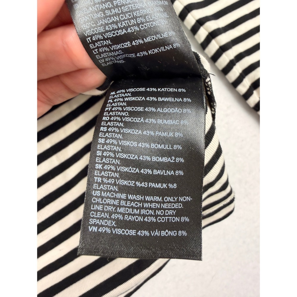 H&M Womens Black White Striped Ruffle Shoulder Long Sleeve Ribbed Top Medium - Picture 4 of 7